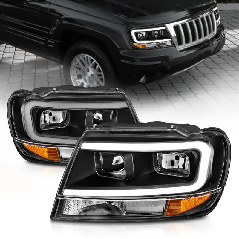 ANZO 111537 ANZO 99-04 Jeep Grand Cherokee Crystal Headlights - w/ Light Bar Black Housing