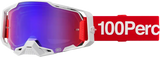 White motocross goggles with red strap and purple iridescent lens for generation sweat style