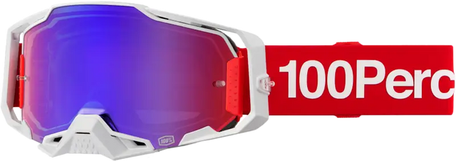 White motocross goggles with red strap and purple iridescent lens for generation sweat style
