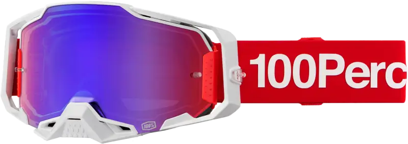 White motocross goggles with red strap and purple iridescent lens for generation sweat style