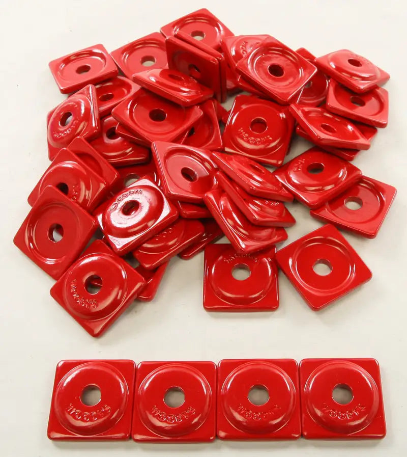 Red ASW2-3790-48 square digger support plate with central hole and raised ring