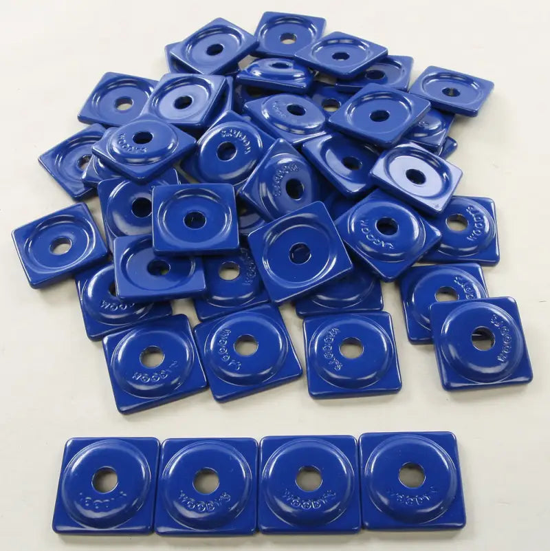 Blue pile of square digger support plates for furniture glides replacement