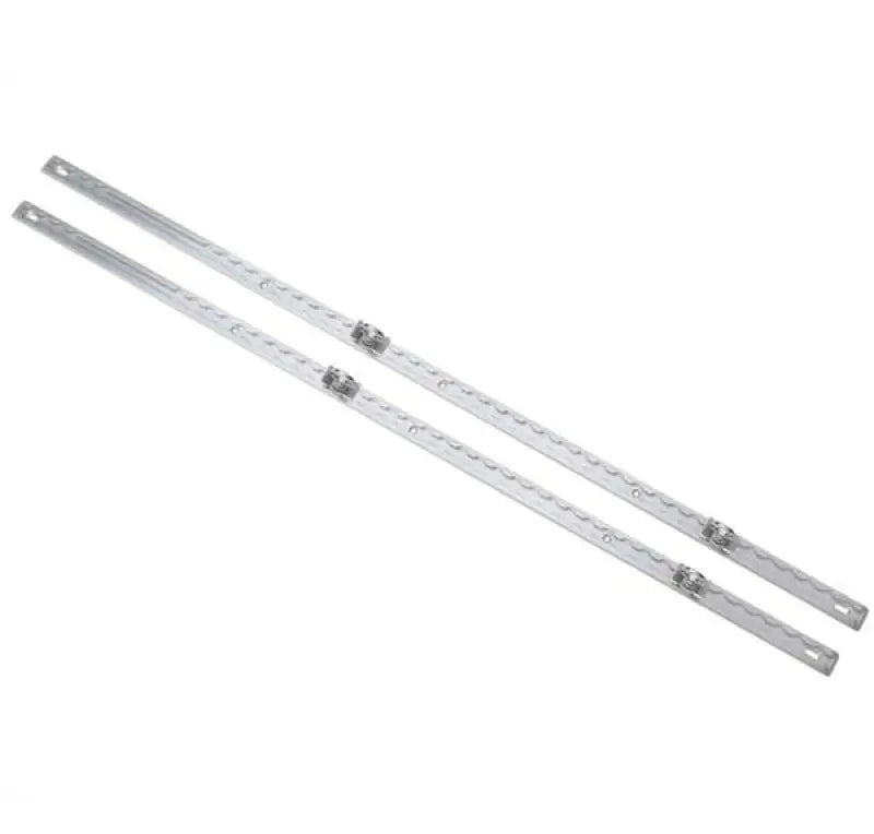 Two silver metal strips with mounting holes for AT6 Decked Midsize Core Trax cargo management