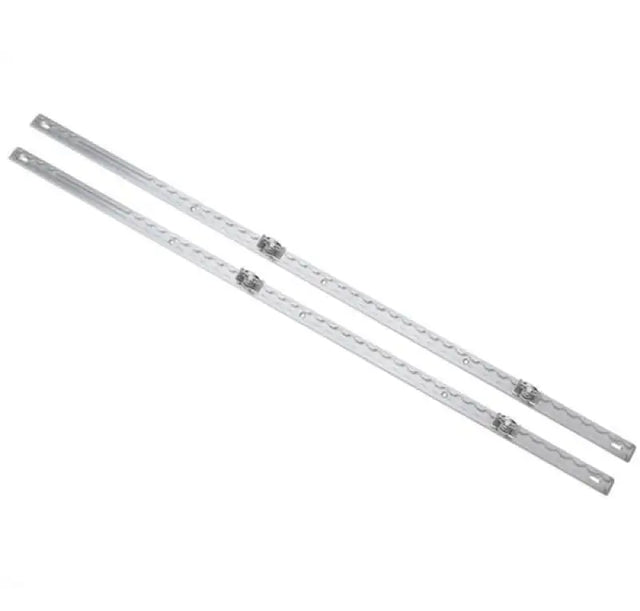 Two silver metal strips with mounting holes for AT6 Decked Midsize Core Trax cargo management
