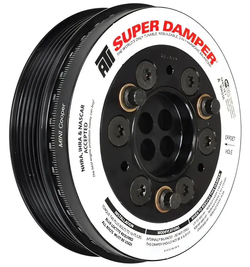 Black and silver ATI Damper for Mini Cooper B46 B48 engines, 3-ring design