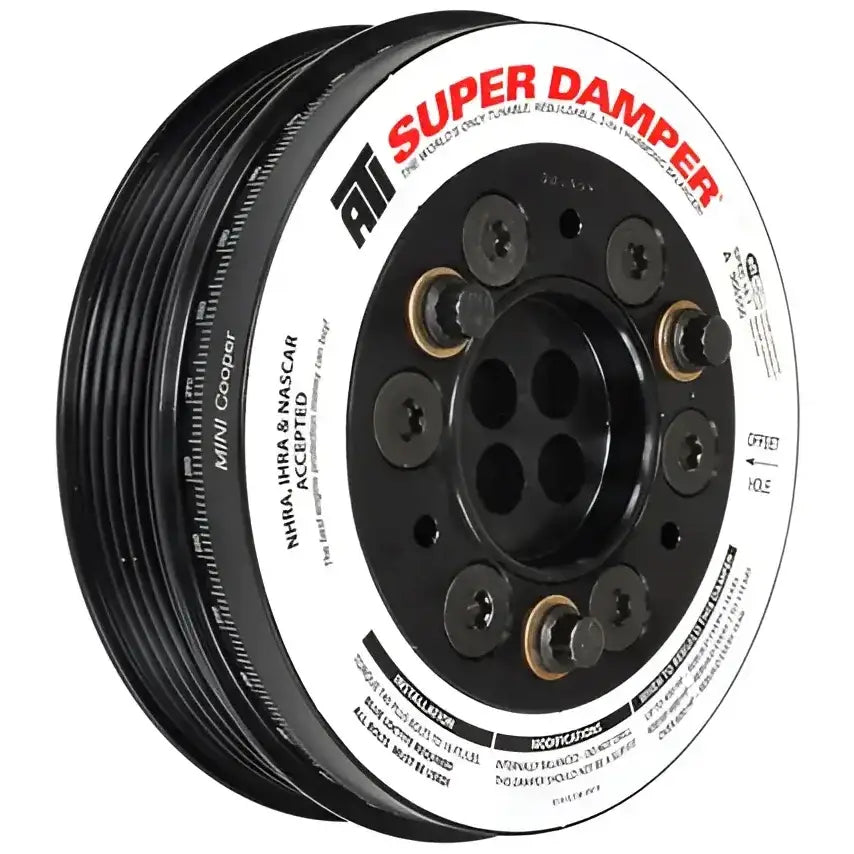 Black and silver ATI Damper for Mini Cooper B46 B48 engines, 3-ring design