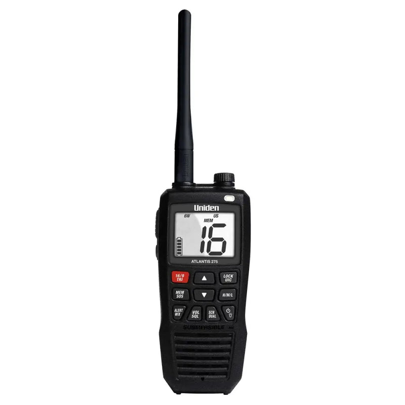 Black handheld marine radio Uniden Ameri VHF-HH Atlantis 275 6 Watt for boat use
