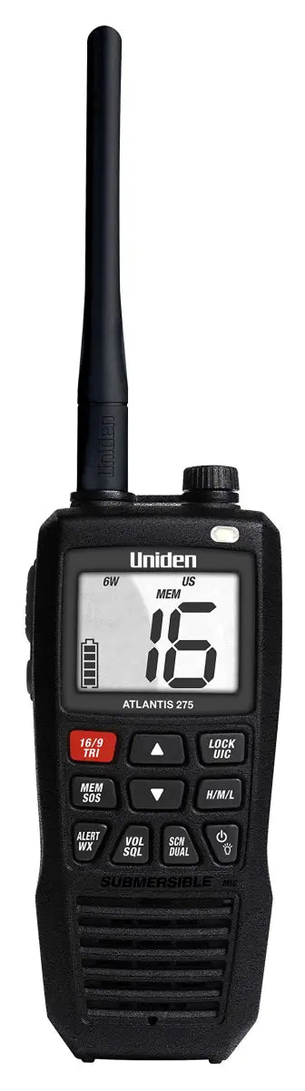 Black handheld marine radio Uniden Ameri VHF-HH Atlantis 275 6 Watt for boat use