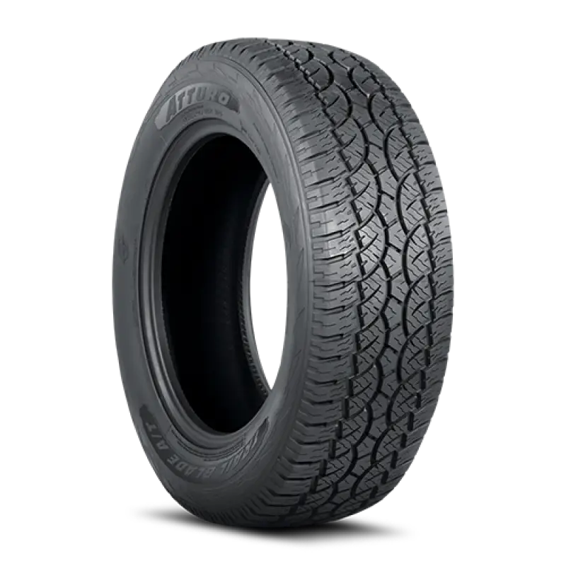 All-terrain tire showing Atturo Trail Blade A/T Tire 275/55R20 for off-road adventures