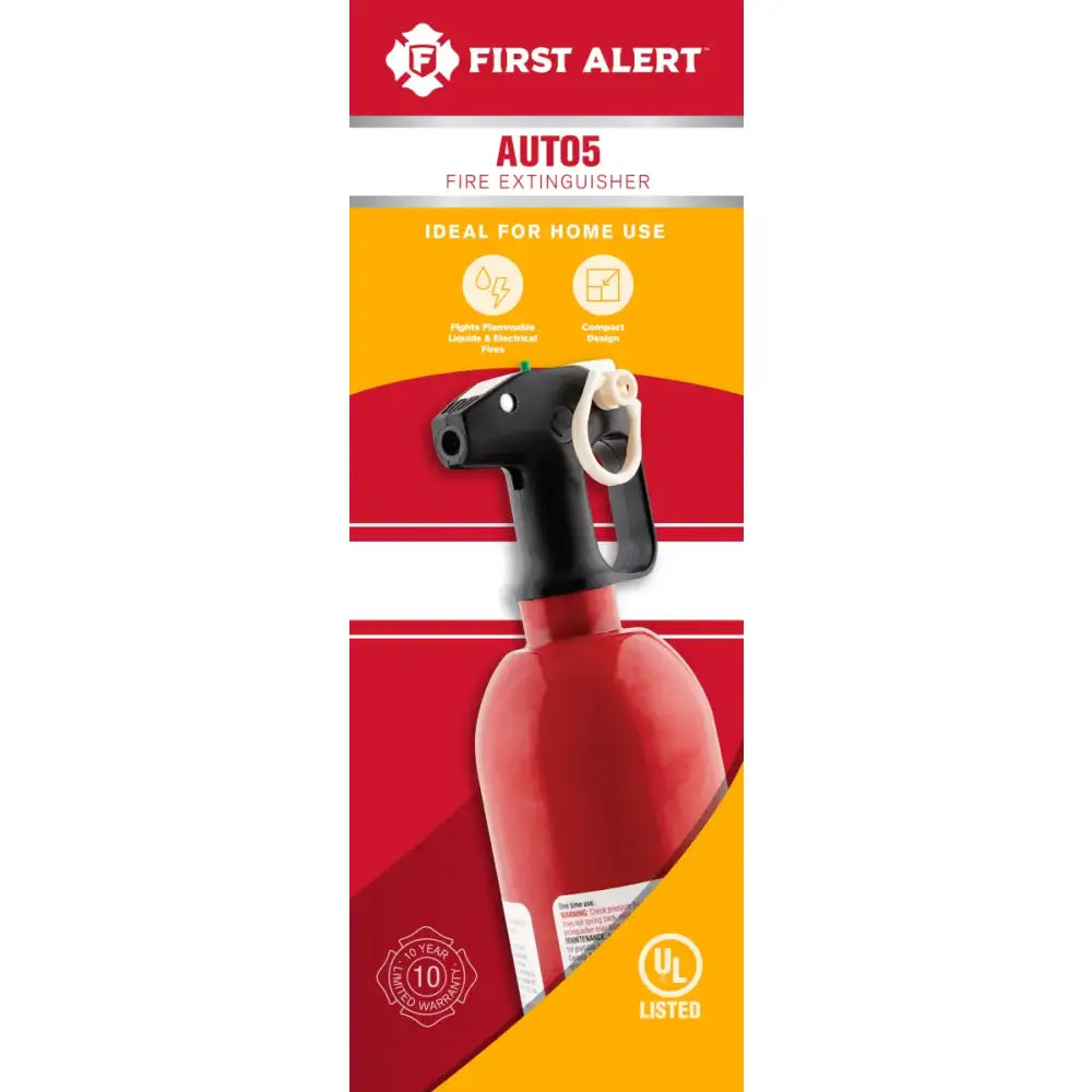 Red Auto5 BRK Electronics fire extinguisher with black handle