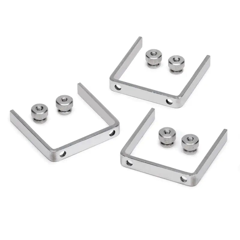Three metal U-brackets with knobs from Autometer aluminum gauge bracket kit assembly