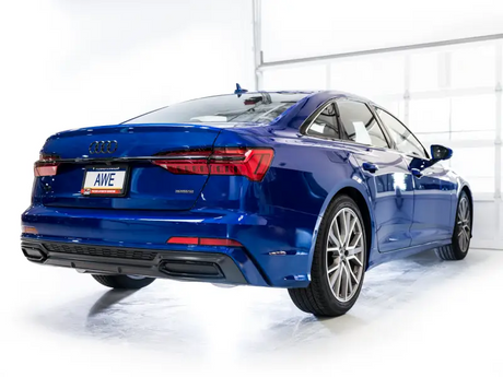 Blue Audi sedan with AWE Touring Edition Cat-back Exhaust for C8 A6/A7 3.0T