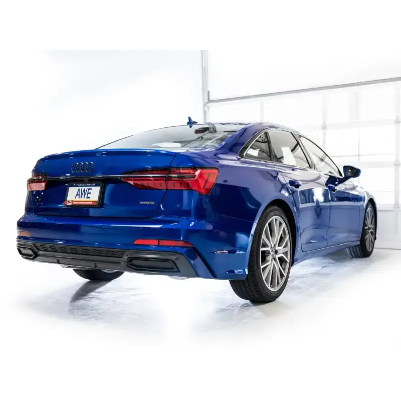 Blue Audi sedan with AWE Touring Edition Cat-back Exhaust for C8 A6/A7 3.0T
