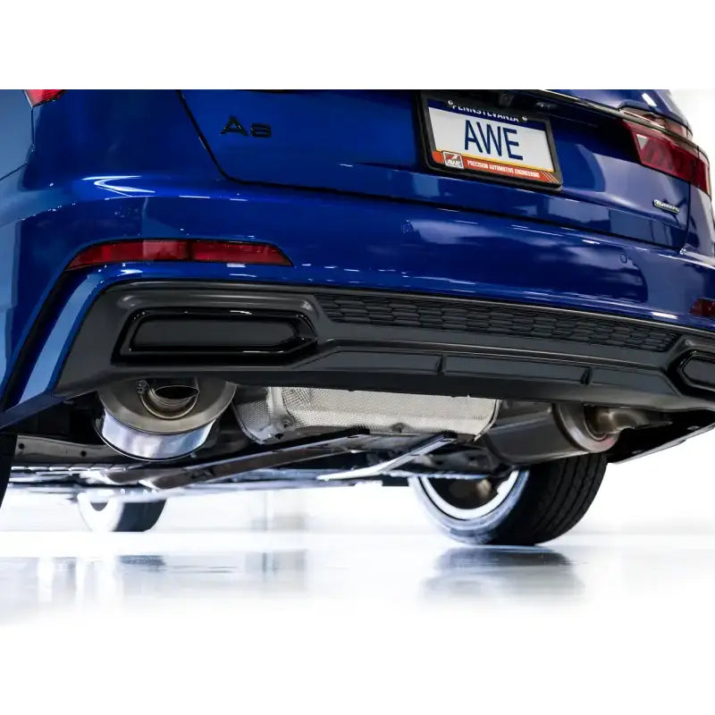 Blue car’s rear undercarriage with touring edition cat-back exhaust for Audi C8 A6/A7