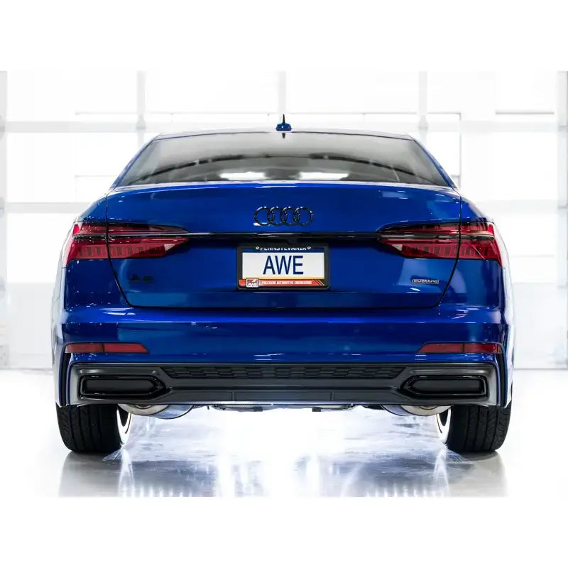 Blue Audi sedan with AWE Touring Edition Cat-Back Exhaust for C8 A6/A7 3.0T