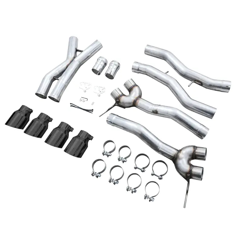 AWE Track Edition Catback Exhaust for BMW G8X M3/M4 with Diamond Black Tips displayed with full installation components.
