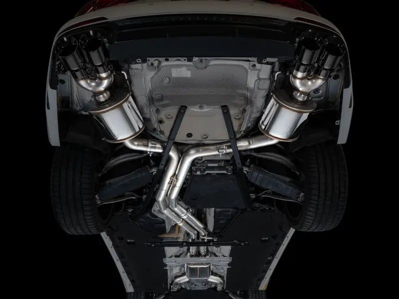 Car’s aftermarket exhaust showing AWE Tuning 19-23 Audi C8 S6/S7 touring edition exhaust