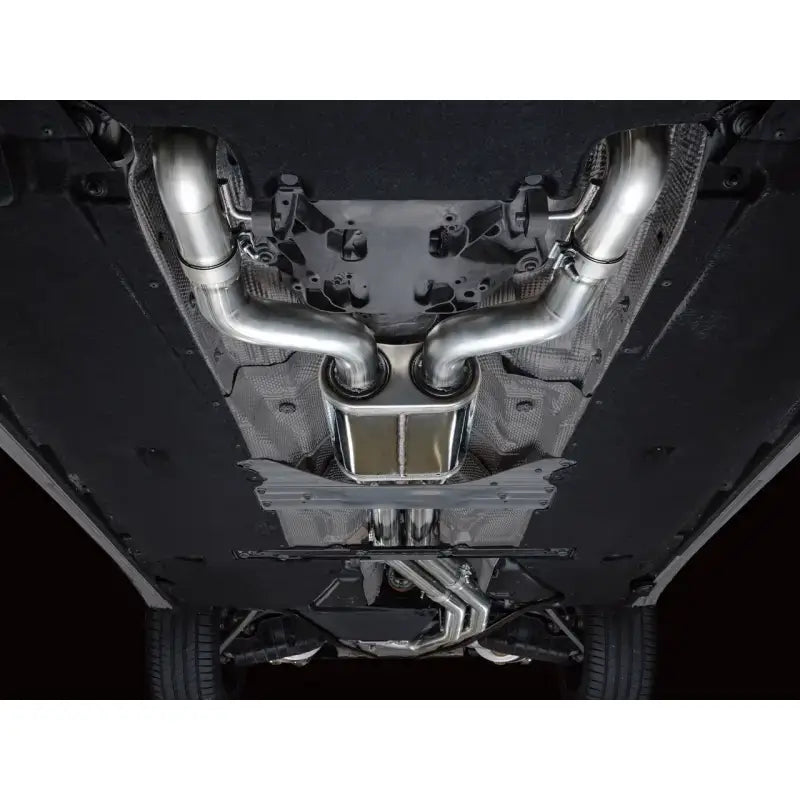 Car’s stainless steel exhaust with diamond black tips from AWE Tuning track edition exhaust