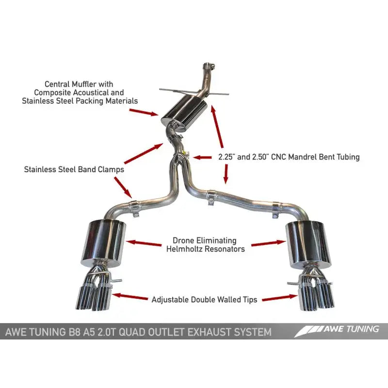 AWE Tuning Audi B8 A5 2.0T Touring Edition Exhaust - Quad Outlet Polished Silver Tips - Truck & Automotive