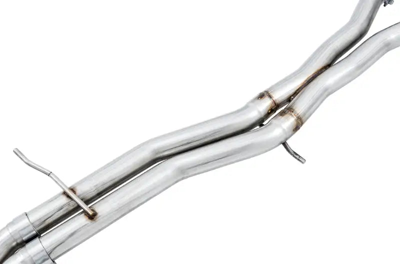 Shiny metal exhaust crossover pipes on AWE Tuning Audi B9 S5 Coupe Track Edition Exhaust
