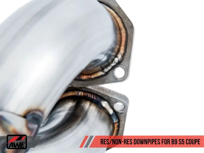 Polished metal track edition exhaust pipes with welded flanges on AWE Tuning Audi B9 S5 Coupe