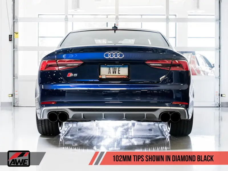 Blue Audi S5 with black exhaust tips showcasing the AWE Tuning Track Edition Exhaust