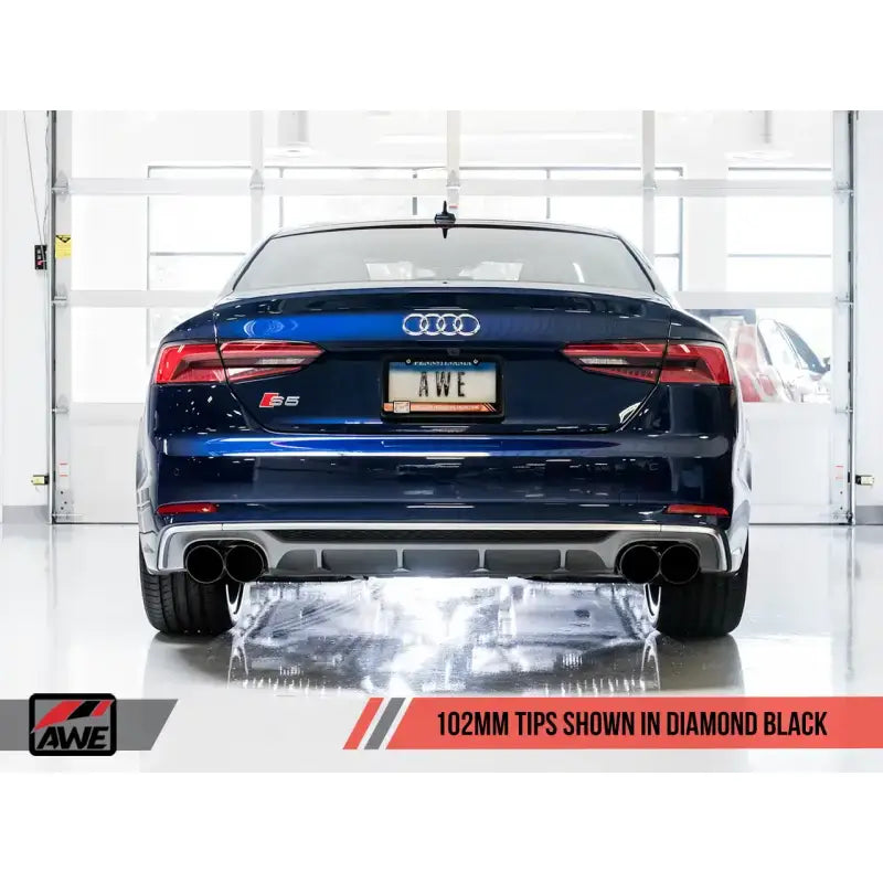 Blue Audi S5 with black exhaust tips showcasing the AWE Tuning Track Edition Exhaust