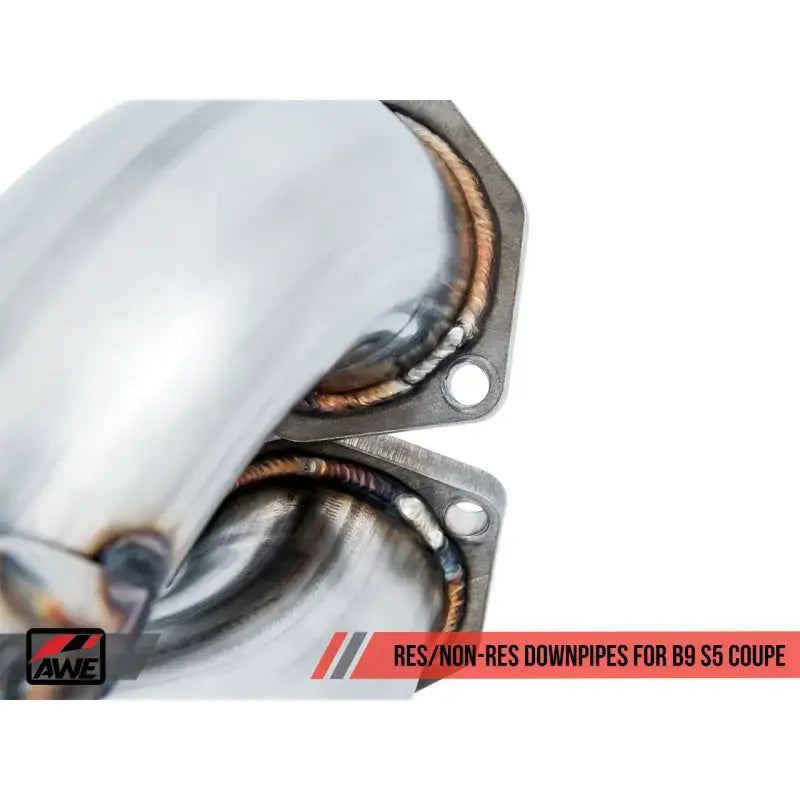 Polished metal track edition exhaust pipes with welded flanges on AWE Tuning Audi B9 S5 Coupe