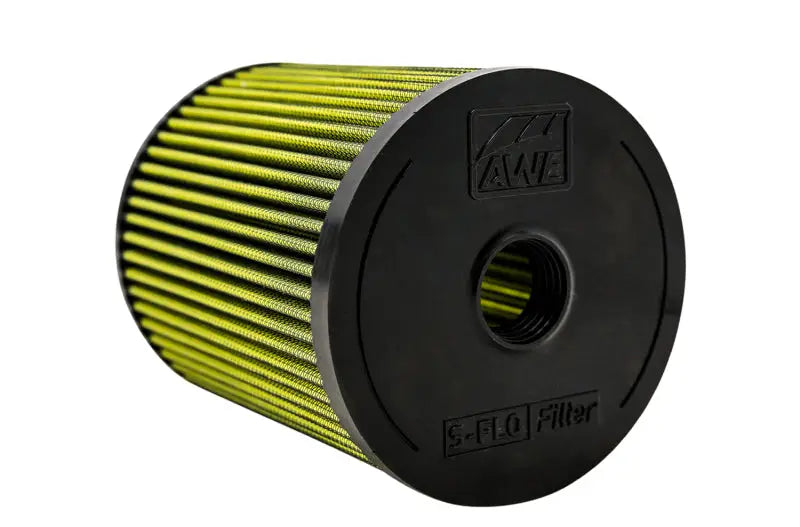 Yellow and black cylindrical AWE Tuning S-FLO filter for factory air intake upgrade