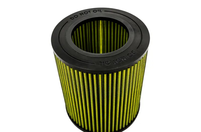 Yellow cylindrical air filter for AWE Tuning S-FLO Filter replaces factory air filters