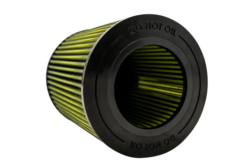 Yellow pleated air filter with black rubber ends for Awe Tuning S-FLO Filter upgrade