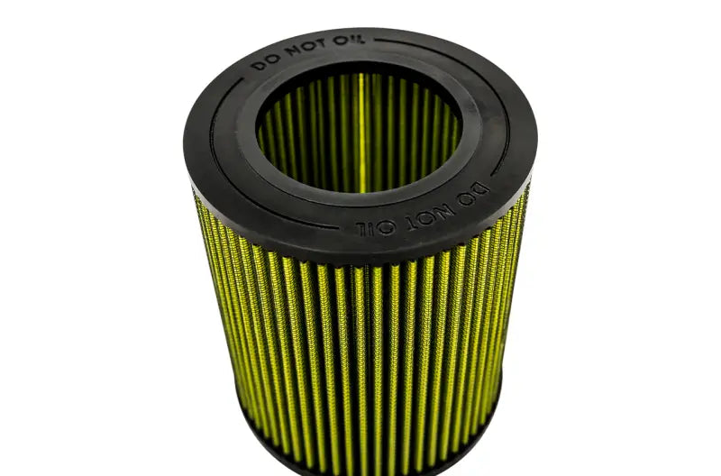 Yellow cylindrical air filter for AWE Tuning S-FLO filter upgrade on factory air system