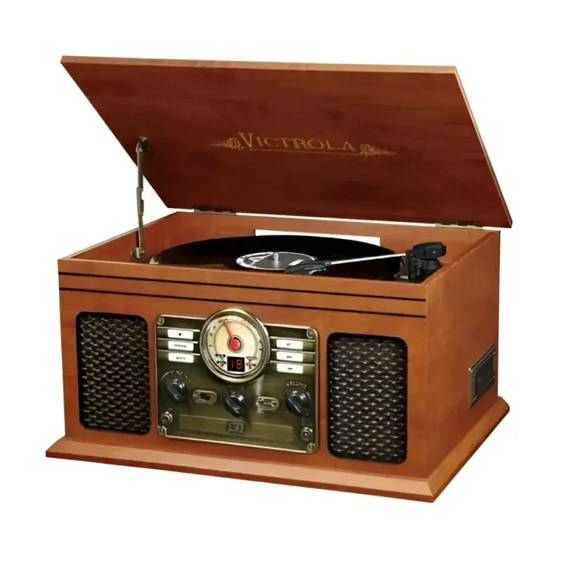 Wooden record player with radio featuring awnrp2 tfx overland replate arm in action