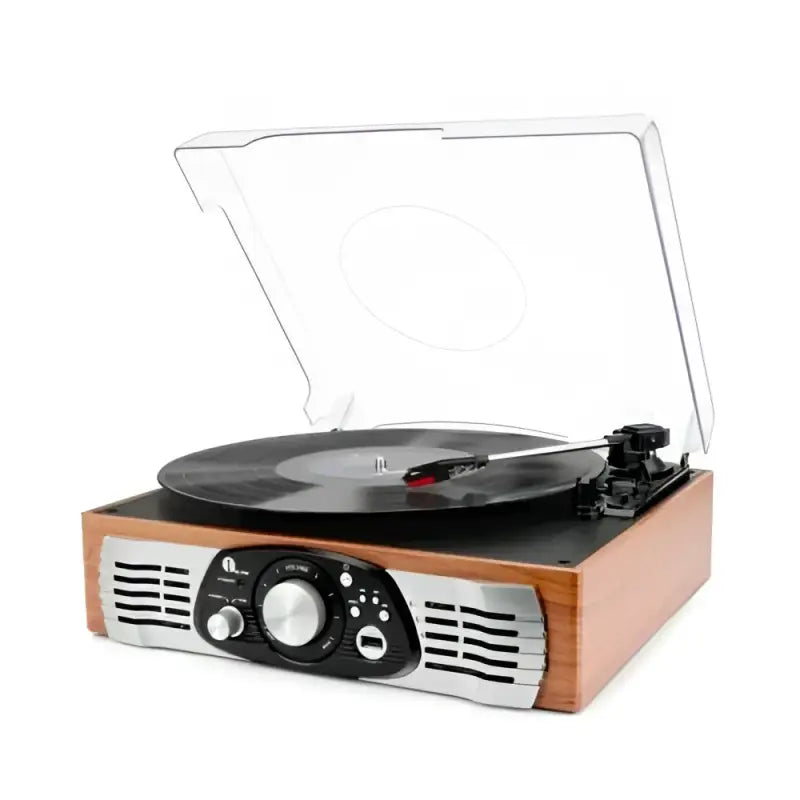 Wood-trimmed record player with open lid showcasing AWNRP2 TFX Overland Repl Arm