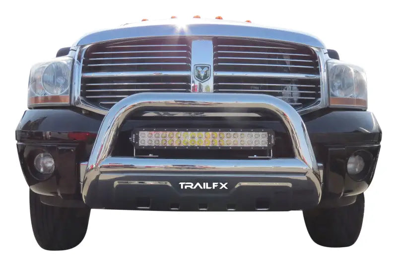 Black truck with chrome bull bar B1516S TrailFX oval bull bar for tough off-road looks
