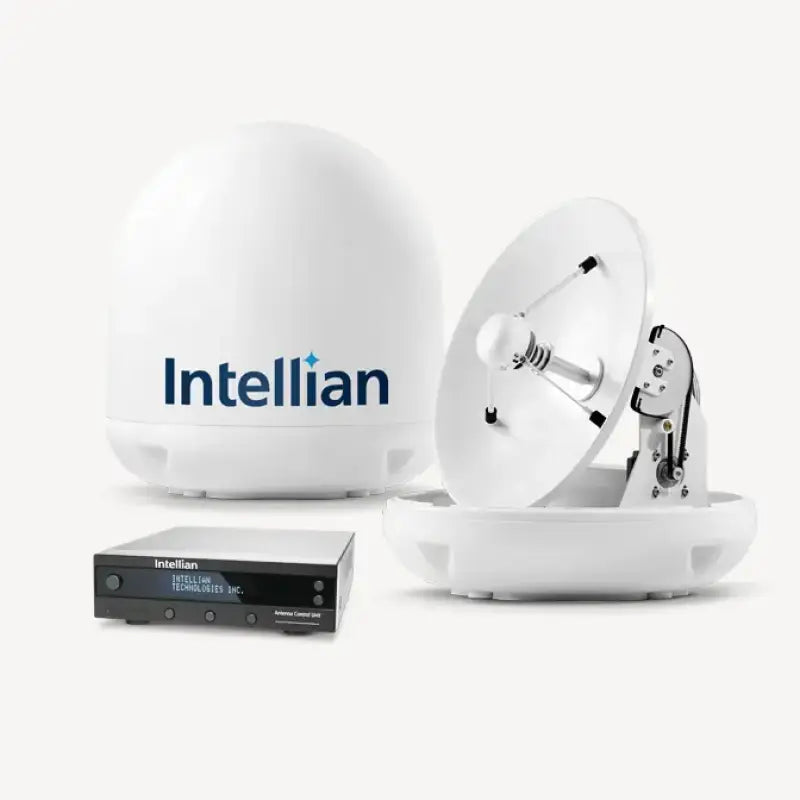 B4-409AA Intellian I4 sat TV dish with white dome, black box, and America LNB