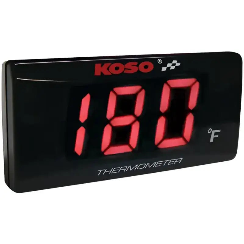 BA024R10 Super Slim Temperature Gauge with Red Display by Koso, features ultra-thin design, blue backlight, and includes water temp sensor.