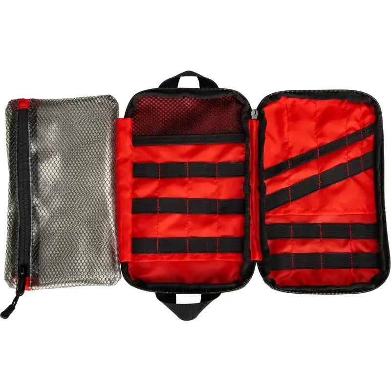 Open tri-fold tactical pouch with mesh pocket and elastic straps for gear storage