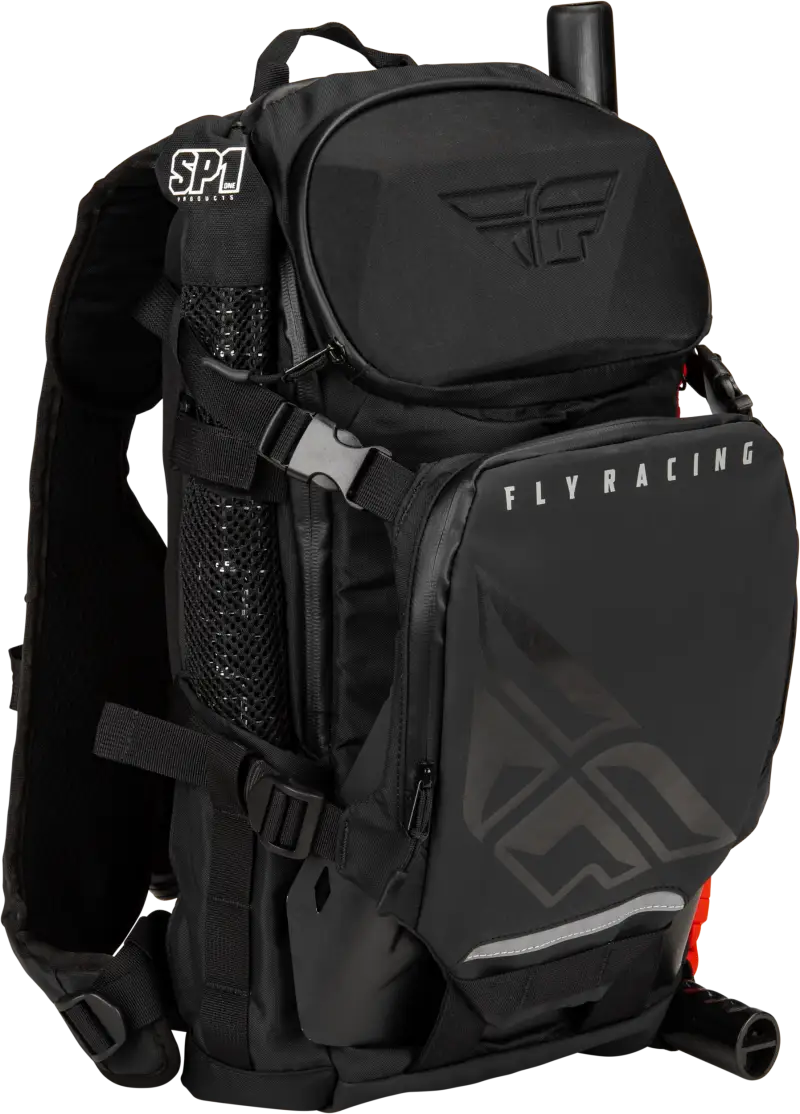 Black hydration backpack with adjustable shoulder straps, ideal for outdoor adventures