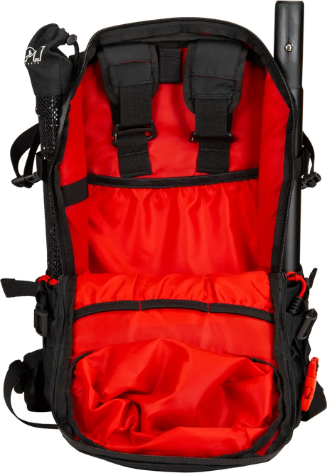 Open Black Backcountry Pack with shoulder straps, red interior, and multiple compartments