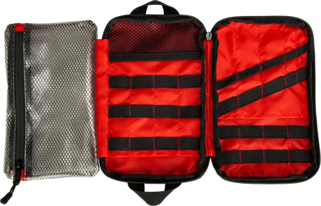 Open tri-fold tactical pouch with mesh pocket and elastic straps for gear storage