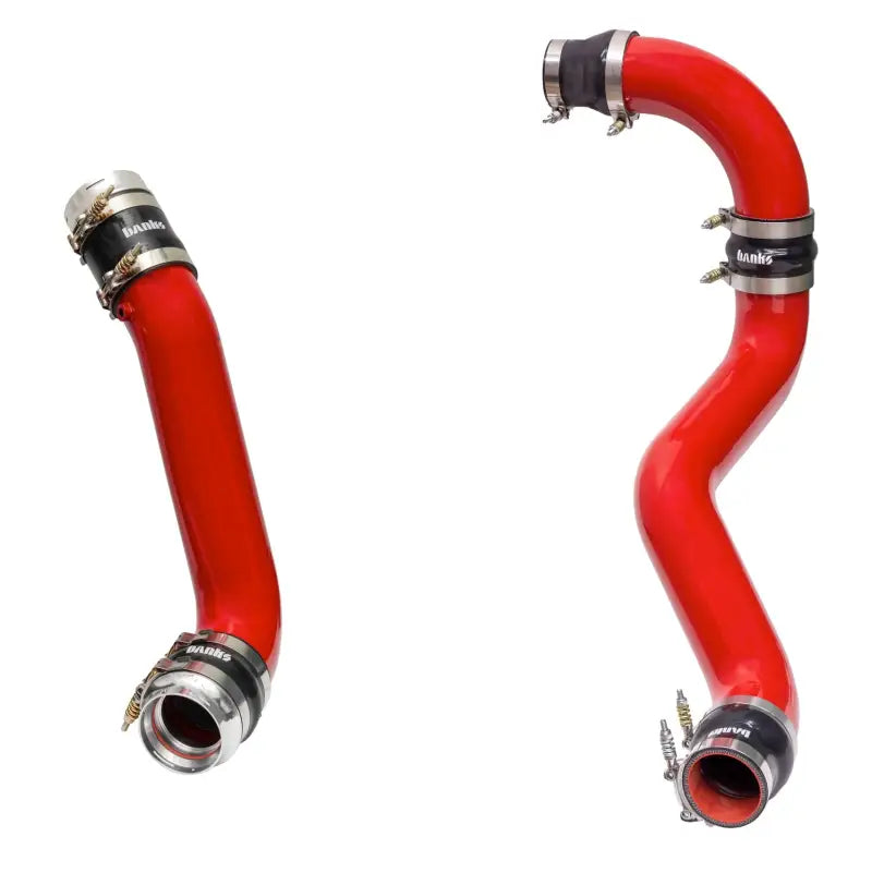 Red silicone hoses with metal clamps for L5P boost tube upgrade kit in the Banks Power 2020 GM 2500/3500