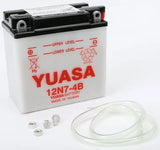 Yuasa 12N7 4B conventional motorcycle battery with hardware and drain tube for cranking power