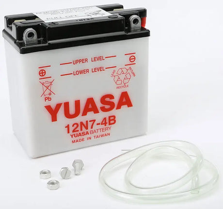 Yuasa 12N7 4B conventional motorcycle battery with hardware and drain tube for cranking power