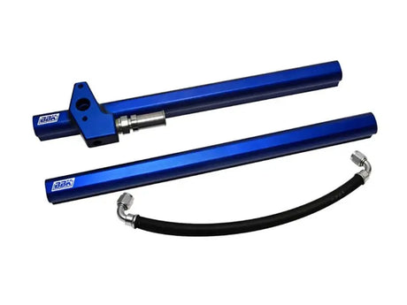 Blue fuel rail with black hose from BBK Mustang fuel rail kit, high flow rail kit