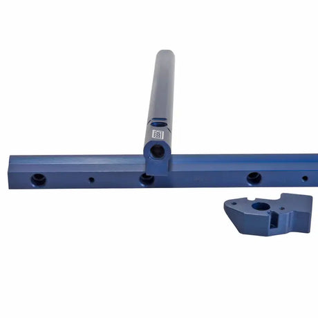 Blue anodized fuel rail components from BBK 05-10 Mustang fuel rail kit