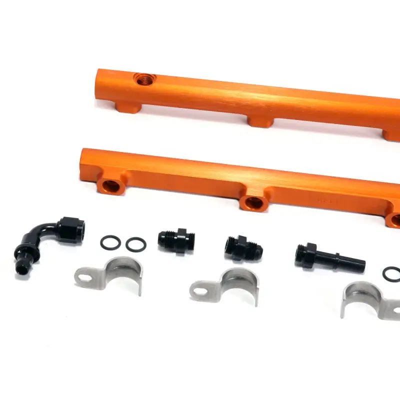 Orange fuel rail with black fittings from BBK Hemi fuel rail kit for Dodge 5.7/6.1