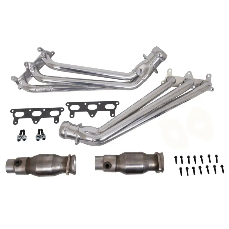 Chrome long tube exhaust headers with converters for 10-11 Camaro V6, silver ceramic finish