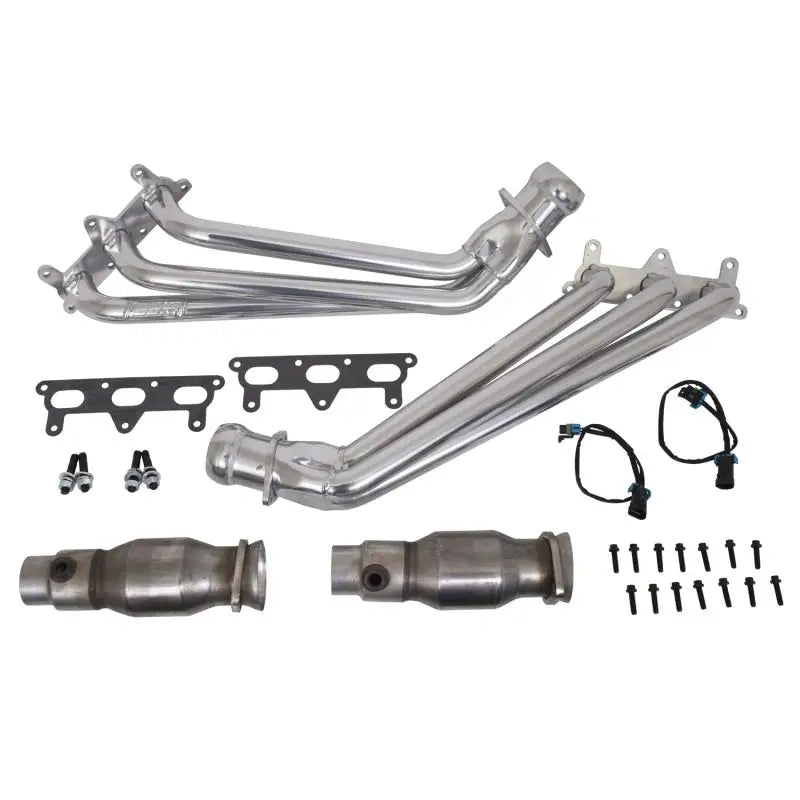 Silver ceramic long tube exhaust headers with catalytic converters for Camaro V6