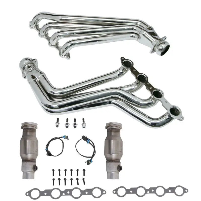 Chrome long tube exhaust headers and catalytic converters for Camaro LS3 L99